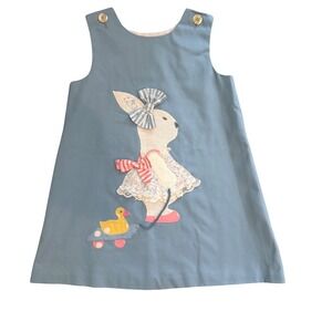 Vintage Chocolate Soup Girls Blue Bunny Duck Applique Jumper Dress Size 6 USA